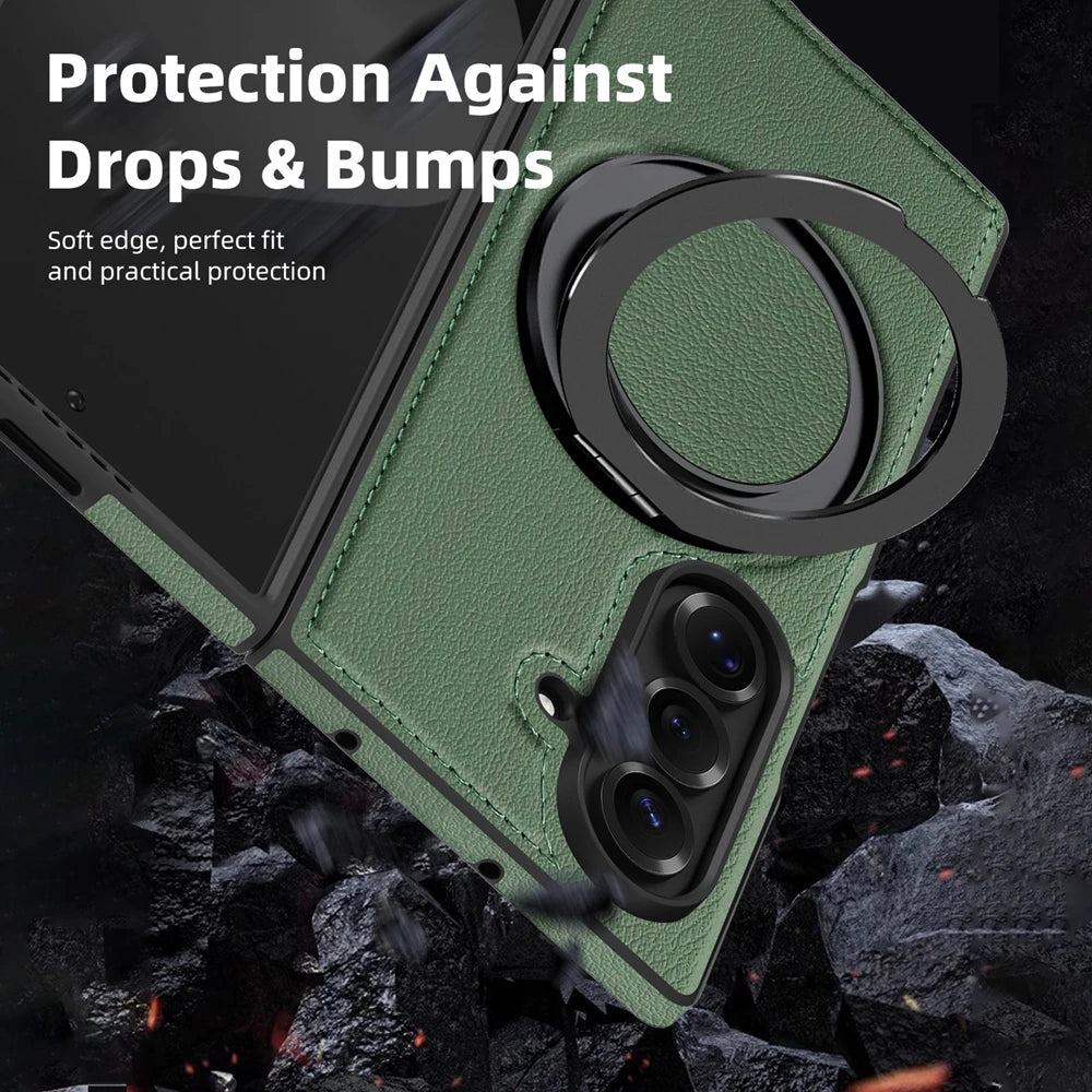 Ring Stand Magsafe Leather Case For Samsung Galaxy Z Fold 7 6 5 4 3 Z Fold7 Phone Case Magnetic Phone Cover Wireless Charging