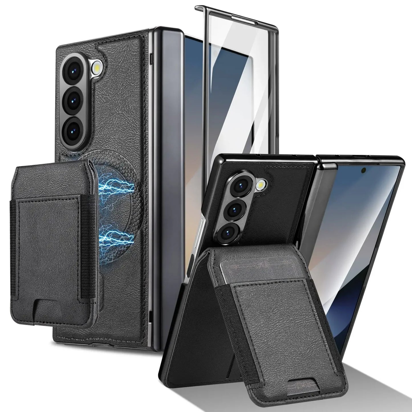 Stable Support Leather Magnetic Wallet Case for Samsung Galaxy Z Fold 7 ZFold 6 5 4 3 Tempered Glass with Hinge Protection Cover