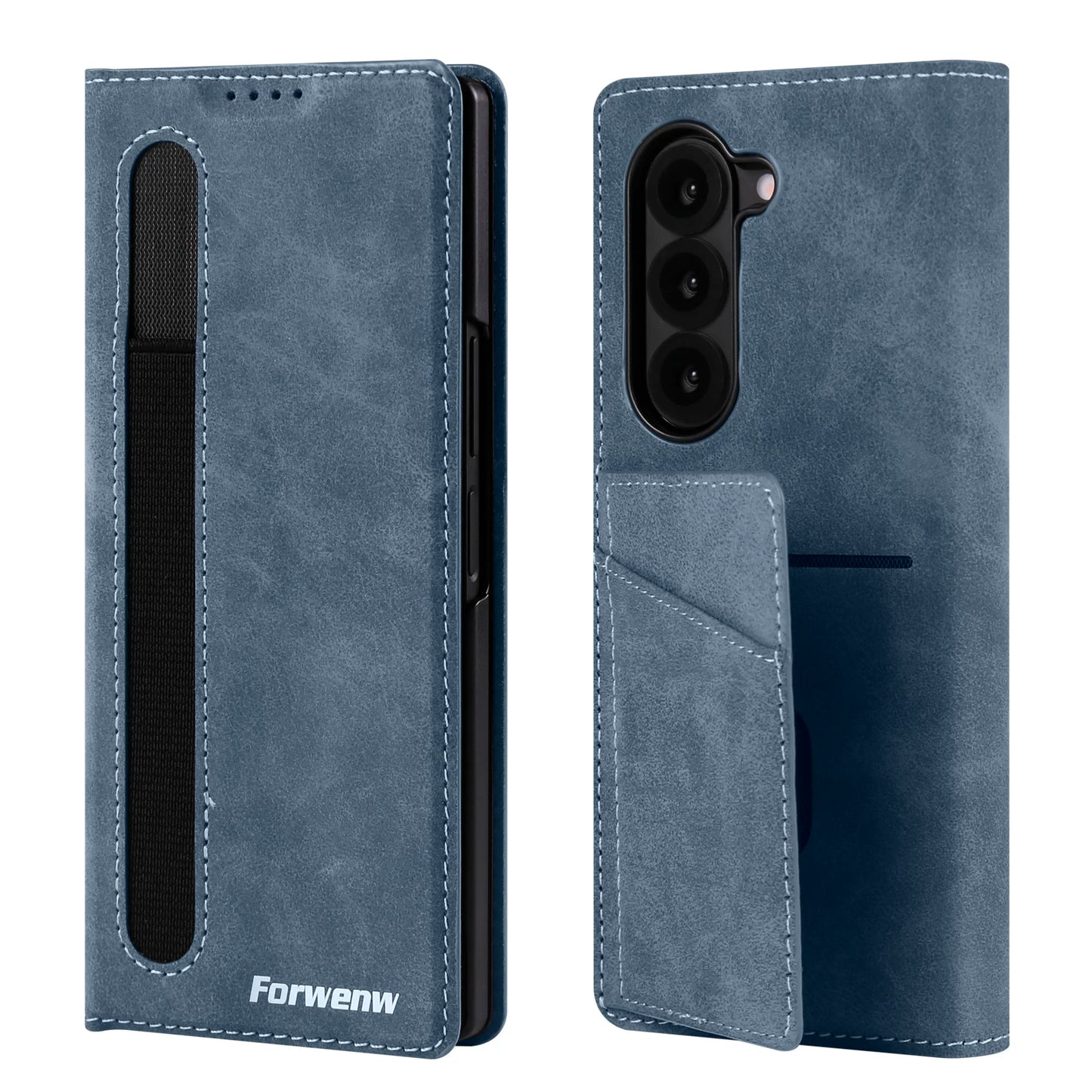Forwenw Luxury Card Bag Holder Leather Case for Galaxy Z Fold 7 Fold 6 Fold 5 Fold 4 Fold 3 Pen Slot Holder Folding Cover Funda