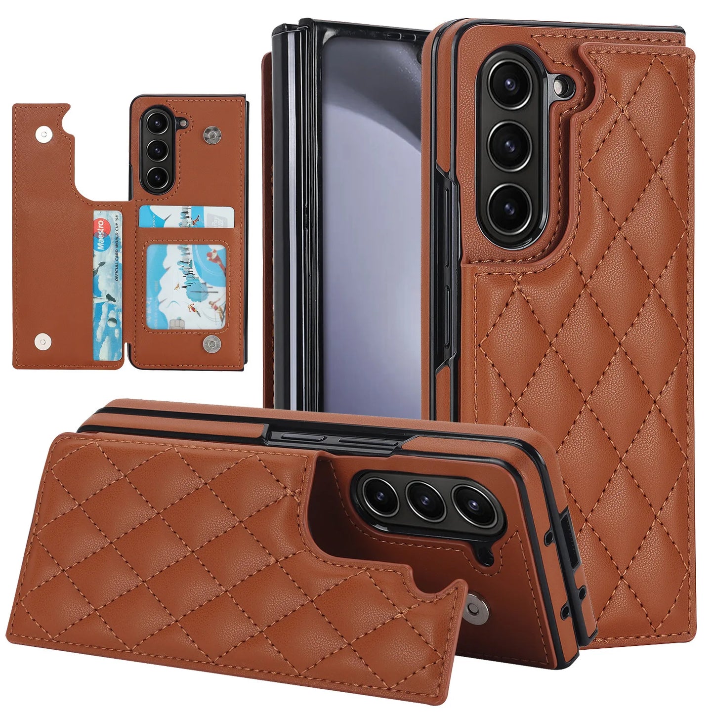 Fold7 Double Button Card Holder Wallet Phone Case for Samsung Galaxy Z Fold 7 6 5 4 3 Diamond Grid Texture Flip Pu Leather Cover