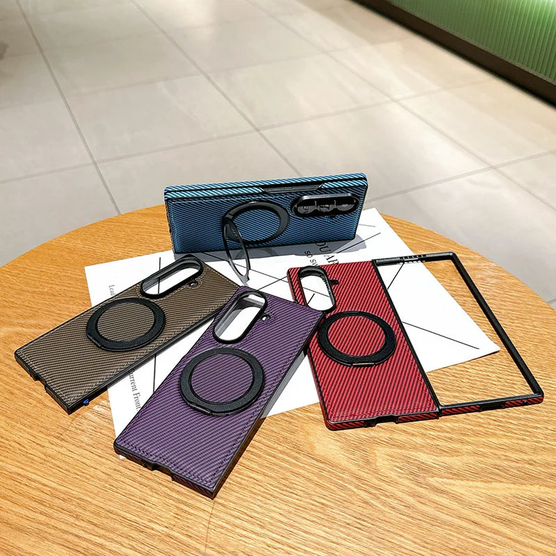 Auto Leather Phone Case for Samsung Galaxy Z Fold 7 Fold6 5 4 3 Magnetic Rotating Alloy Bracket Ring Carbon Fiber Pattern Cover