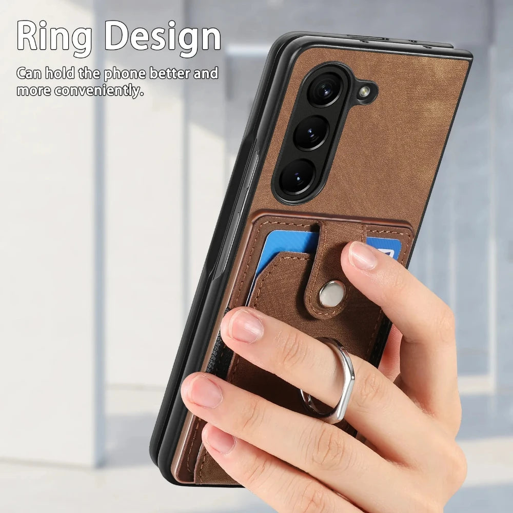 Z Fold 7 Retro Pu Leather Phone Case for Samsung Galaxy Z Fold 6 5 4 3 Magnetic Hardware Ring&buckle Card Slot Bag Bracket Cover