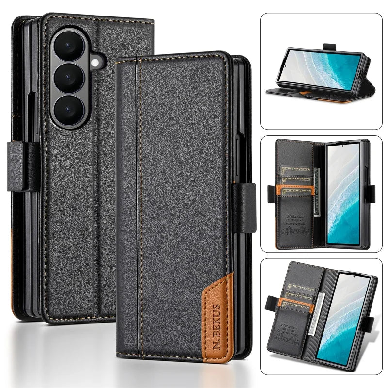 Luxury Magnetic Anti-theft Brush Leather Wallet Card Slot Phone Case for Samsung Galaxy Z Fold 7 6 5 4 3 Purse Holder Cover Etui