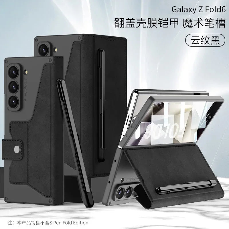 Fold 7 Card Holder Screen Film&Phone Case for Samsung Galaxy Z Fold 7 6 Pen Slot Magnetic Buckle Wallet Pu Leather+Pc Hard Cover