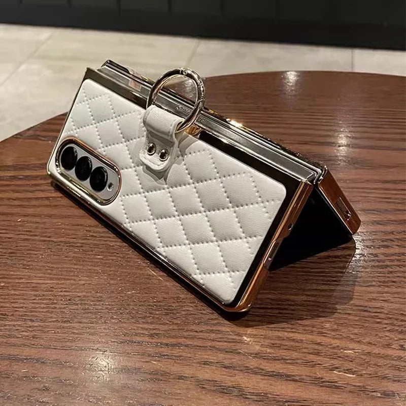 Leather Case with Ring Screen Protector for Samsung Galaxy Z, Fold 5, 6, 7 Z Fold 3, 4, Luxury Phone Case, Plating, Woman, Girl