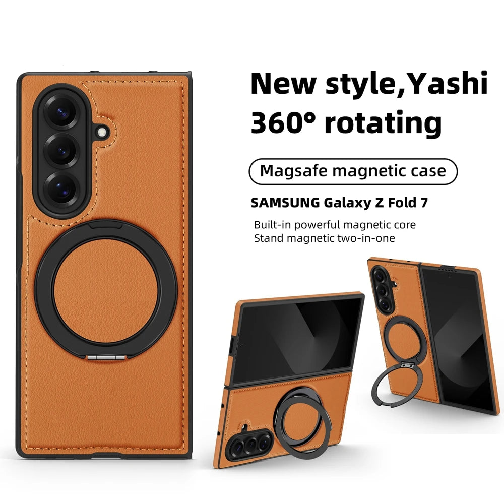 Ring Stand Magsafe Leather Case For Samsung Galaxy Z Fold 7 6 5 4 3 Z Fold7 Phone Case Magnetic Phone Cover Wireless Charging