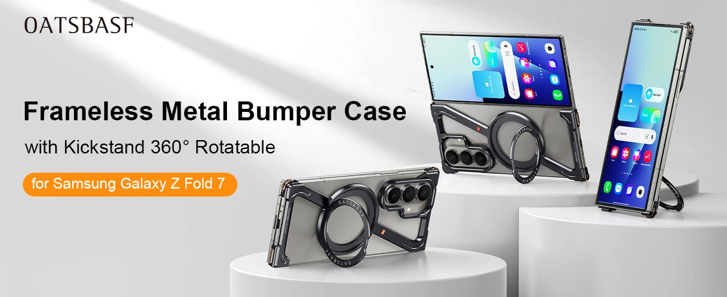Oatsbasf Z Case for Samsung Galaxy Z Fold 7 Bumper Case with 360° Rotatable Magnetic Metal Kickstand,Frameless Minimalist Cover
