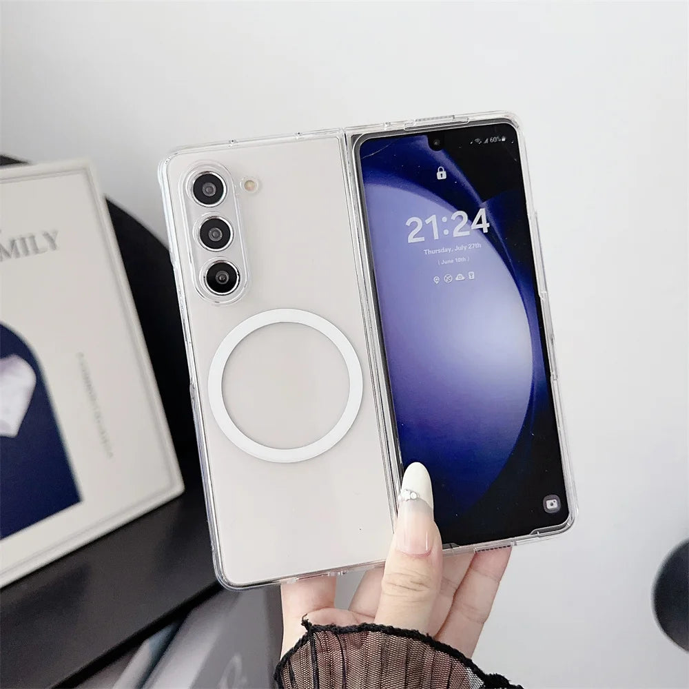 Transparent for Magsafe Magnetic Case for Samsung Galaxy Z Fold 6 5 4 3 7 Wireless Charging Clear Hard Acrylic Shockproof Cover