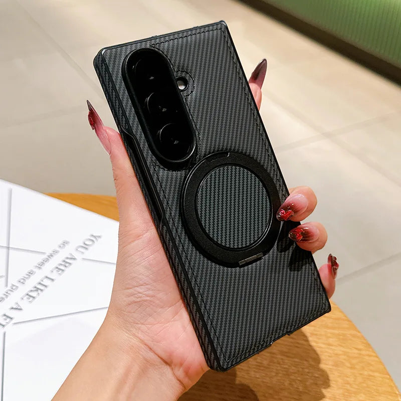 Auto Leather Phone Case for Samsung Galaxy Z Fold 7 Fold6 5 4 3 Magnetic Rotating Alloy Bracket Ring Carbon Fiber Pattern Cover