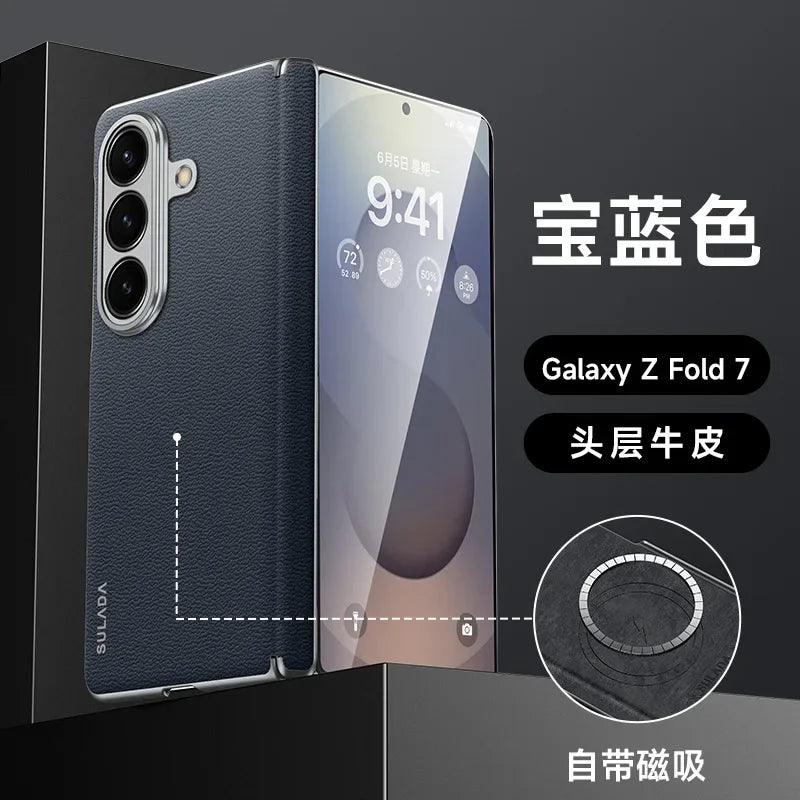 First Layer Cowhide Leather Phone Case for Samsung Galaxy Z Fold 7 Fold7 Metal Lens Protection Magnetic Attraction Hard Cover