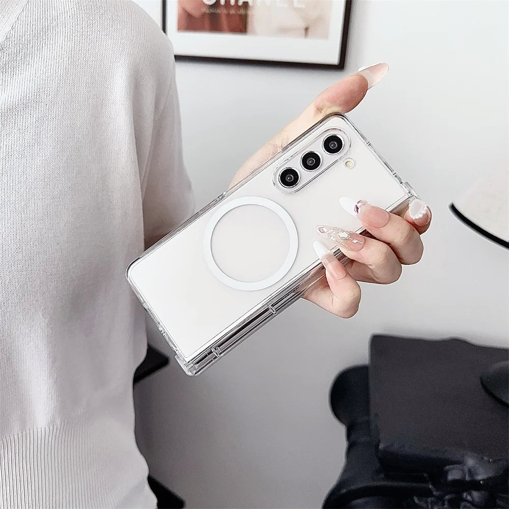 Transparent for Magsafe Magnetic Case for Samsung Galaxy Z Fold 6 5 4 3 7 Wireless Charging Clear Hard Acrylic Shockproof Cover