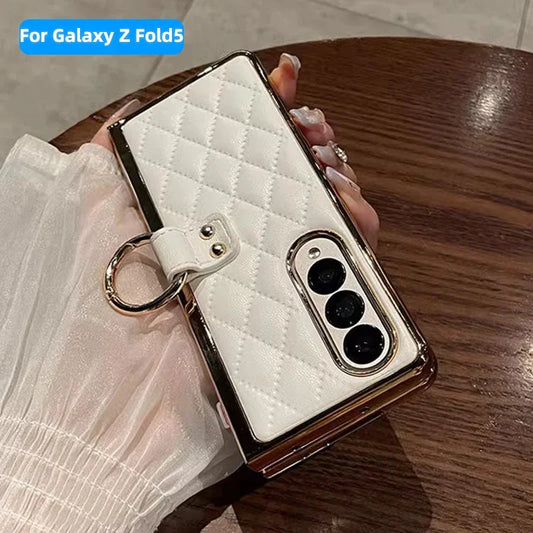 Leather Case with Ring Screen Protector for Samsung Galaxy Z, Fold 5, 6, 7 Z Fold 3, 4, Luxury Phone Case, Plating, Woman, Girl