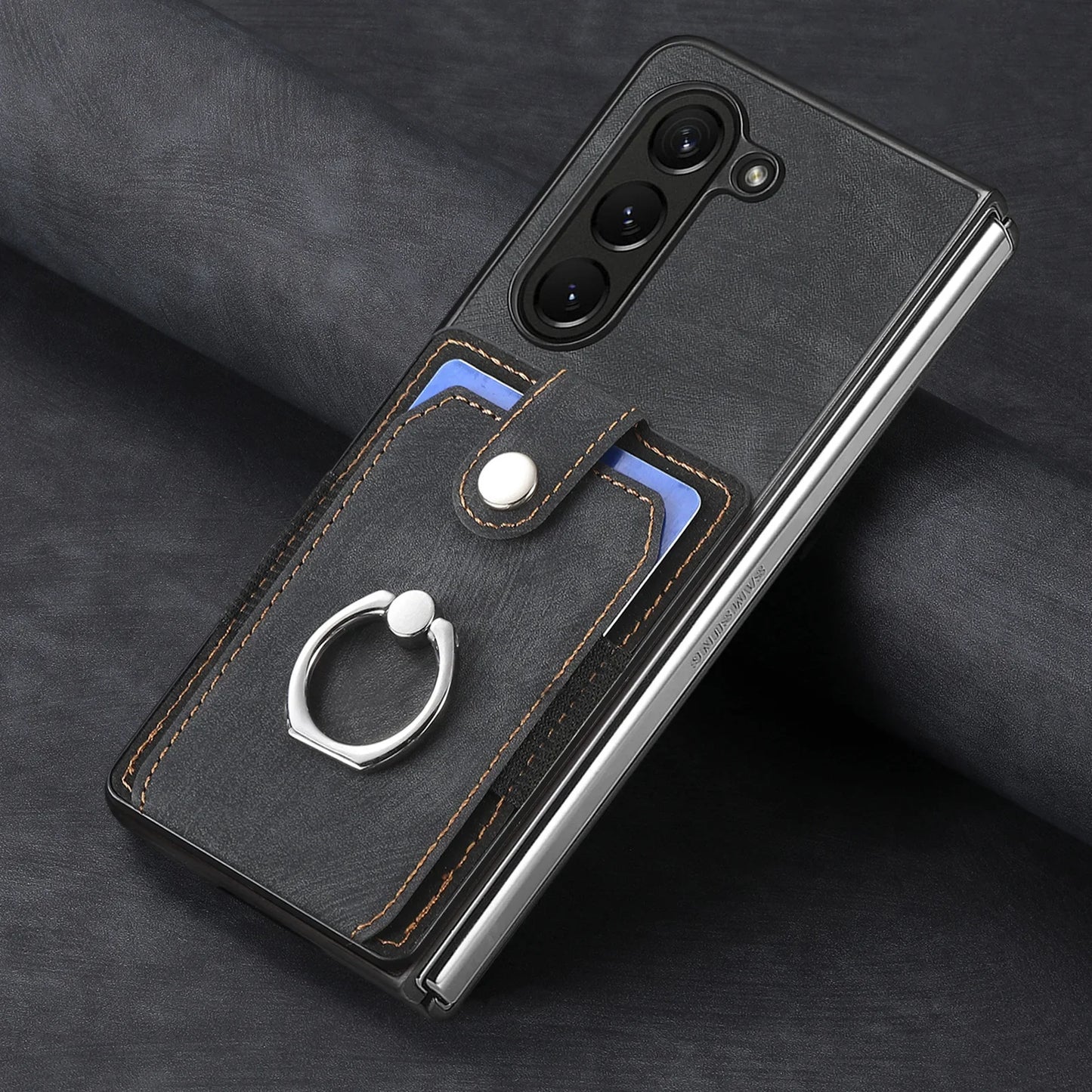 Z Fold 7 Retro Pu Leather Phone Case for Samsung Galaxy Z Fold 6 5 4 3 Magnetic Hardware Ring&buckle Card Slot Bag Bracket Cover
