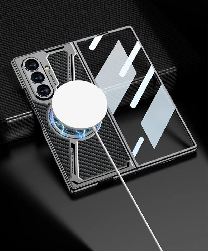 Electroplating Magnetic Wireless Charging Phone Case for Samsung Galaxy Z Fold 7 Zfold 6 Z Shaped Plain Leather Thin Hard Cover