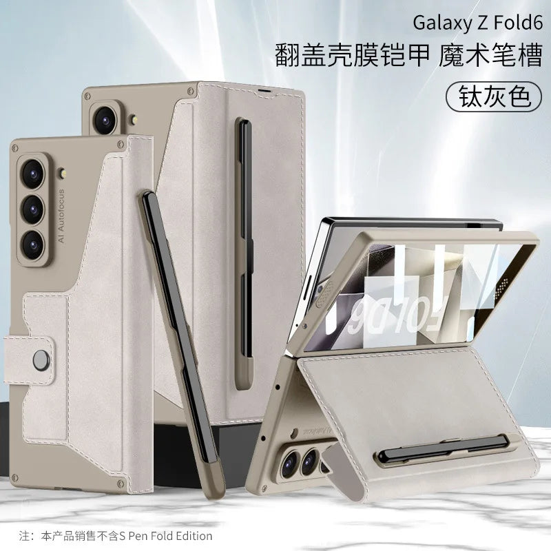 Fold 7 Card Holder Screen Film&Phone Case for Samsung Galaxy Z Fold 7 6 Pen Slot Magnetic Buckle Wallet Pu Leather+Pc Hard Cover