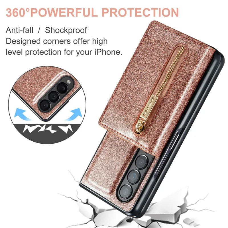 Glitter Magnetic Leather Zip Wallet Phone Case For Samsung Galaxy Z Fold 5 4 3