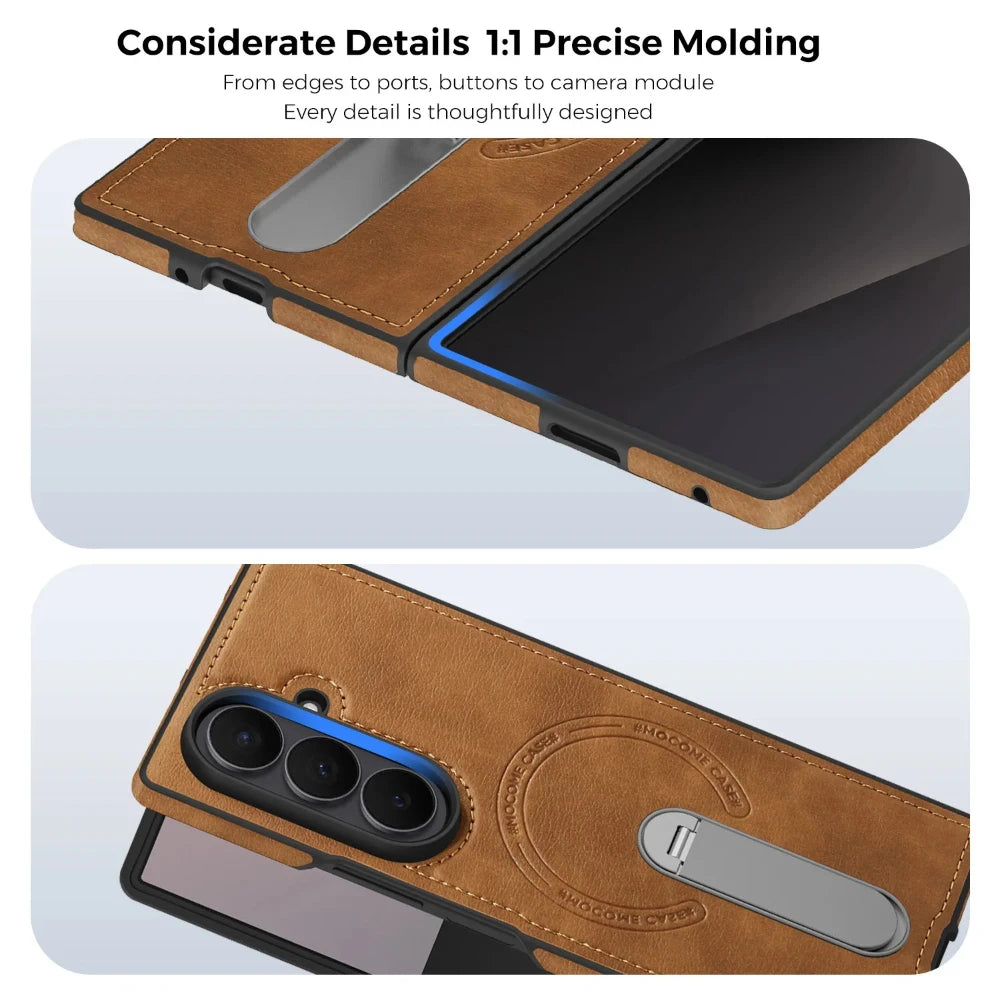 Fold 7 Strong Magnetic Phone Case for Samsung Galaxy Z Fold 7 6 5 4 3 Wireless Charging Metal Rotating Bracket Pu Leather Cover