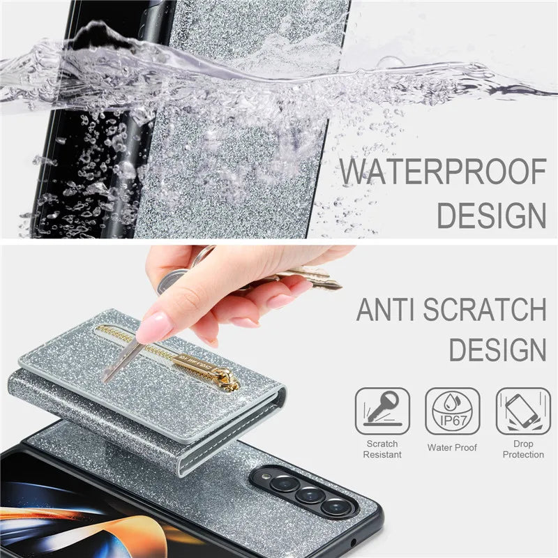 Glitter Magnetic Leather Zip Wallet Phone Case For Samsung Galaxy Z Fold 5 4 3