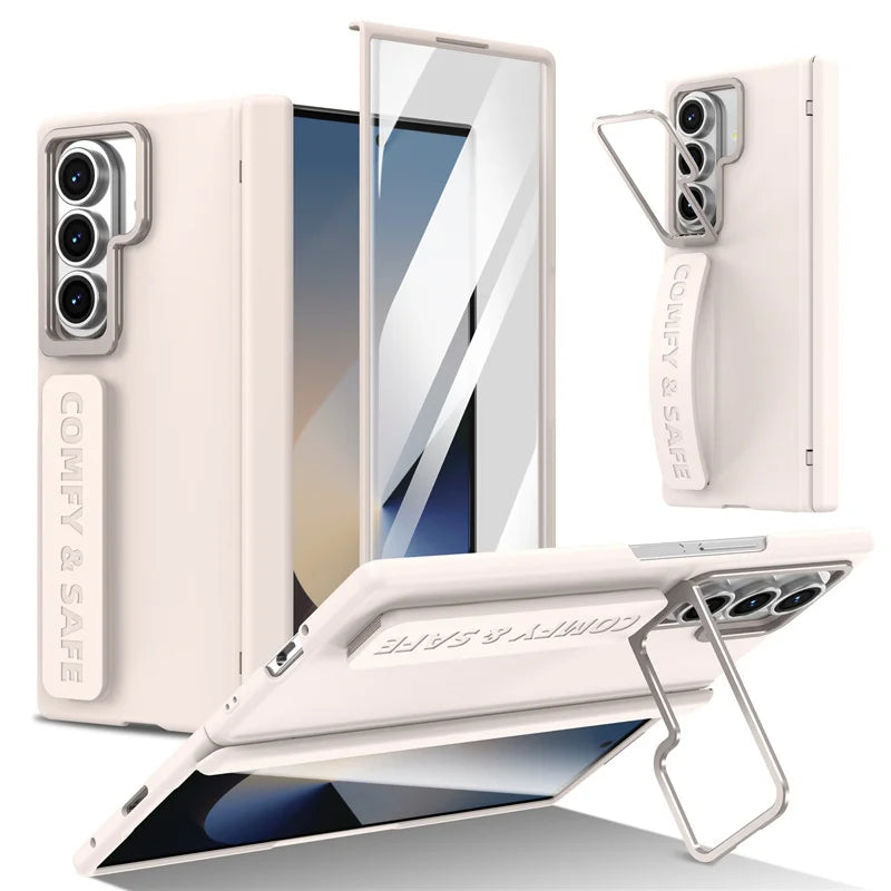 For Samsung Galaxy Z Fold 7 6 5 4 3 Wristband Magnetic Hinge Phone Case 360 Full Protection Screen Flass Alloy Lens Holder Cover