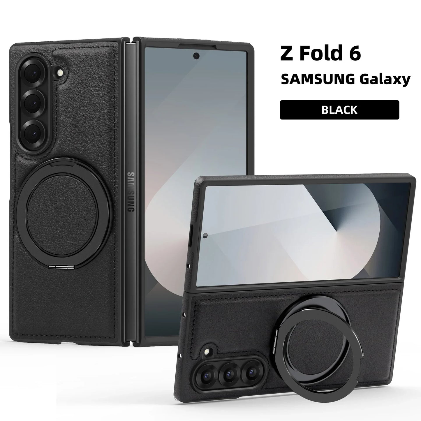 Phone Case for Samsung Galaxy Z Fold 7 Fold6 5 4 3 Strong Magnetic Ring&360 °rotating Bracket Wireless Charging Pu Leather Cover