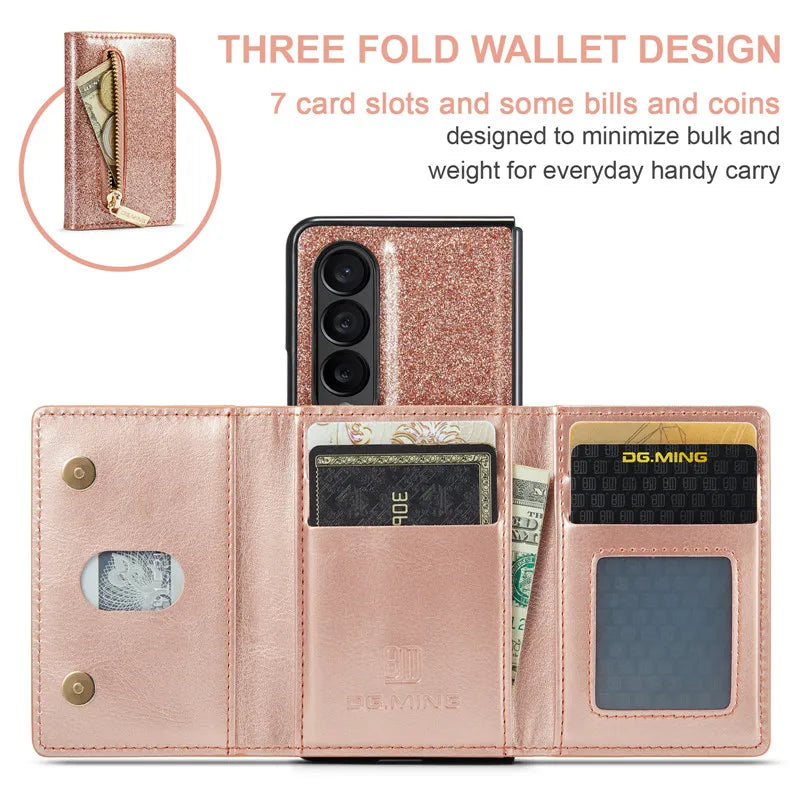 Glitter Magnetic Leather Zip Wallet Phone Case For Samsung Galaxy Z Fold 5 4 3