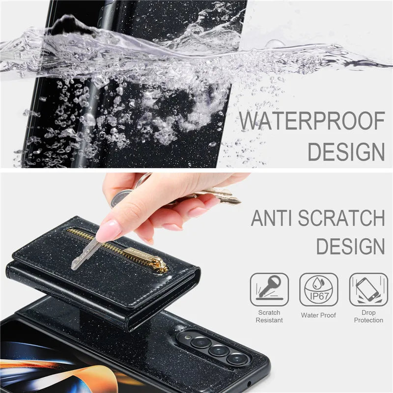 Glitter Magnetic Leather Zip Wallet Phone Case For Samsung Galaxy Z Fold 5 4 3
