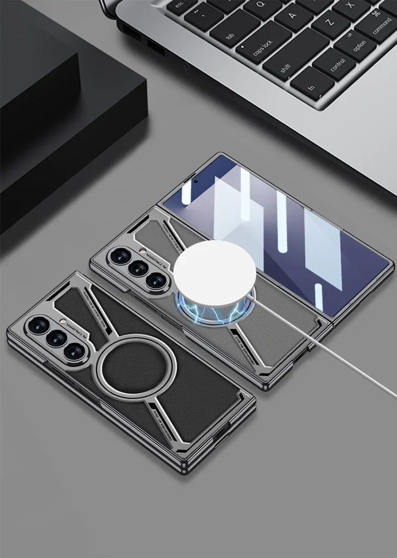 Electroplating Magnetic Wireless Charging Phone Case for Samsung Galaxy Z Fold 7 Zfold 6 Z Shaped Plain Leather Thin Hard Cover