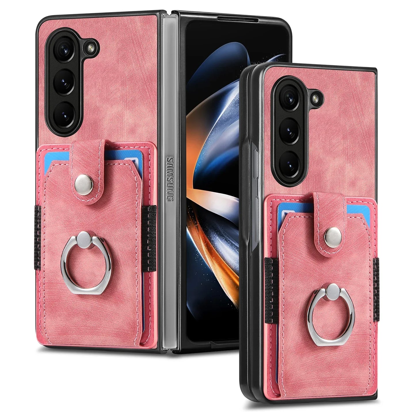 Z Fold 7 Retro Pu Leather Phone Case for Samsung Galaxy Z Fold 6 5 4 3 Magnetic Hardware Ring&buckle Card Slot Bag Bracket Cover