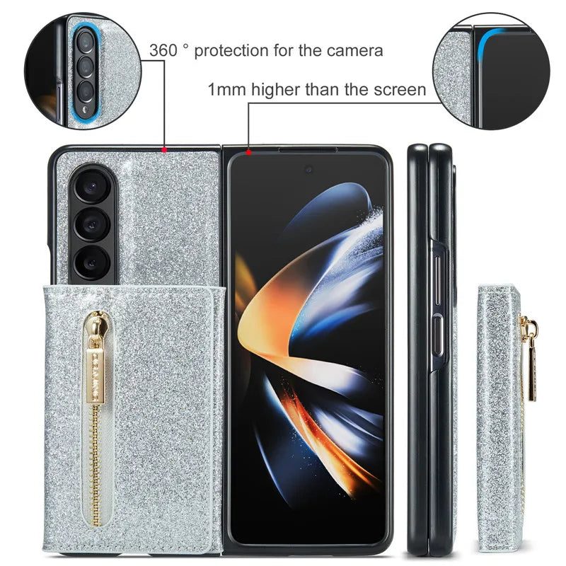 Glitter Magnetic Leather Zip Wallet Phone Case For Samsung Galaxy Z Fold 5 4 3