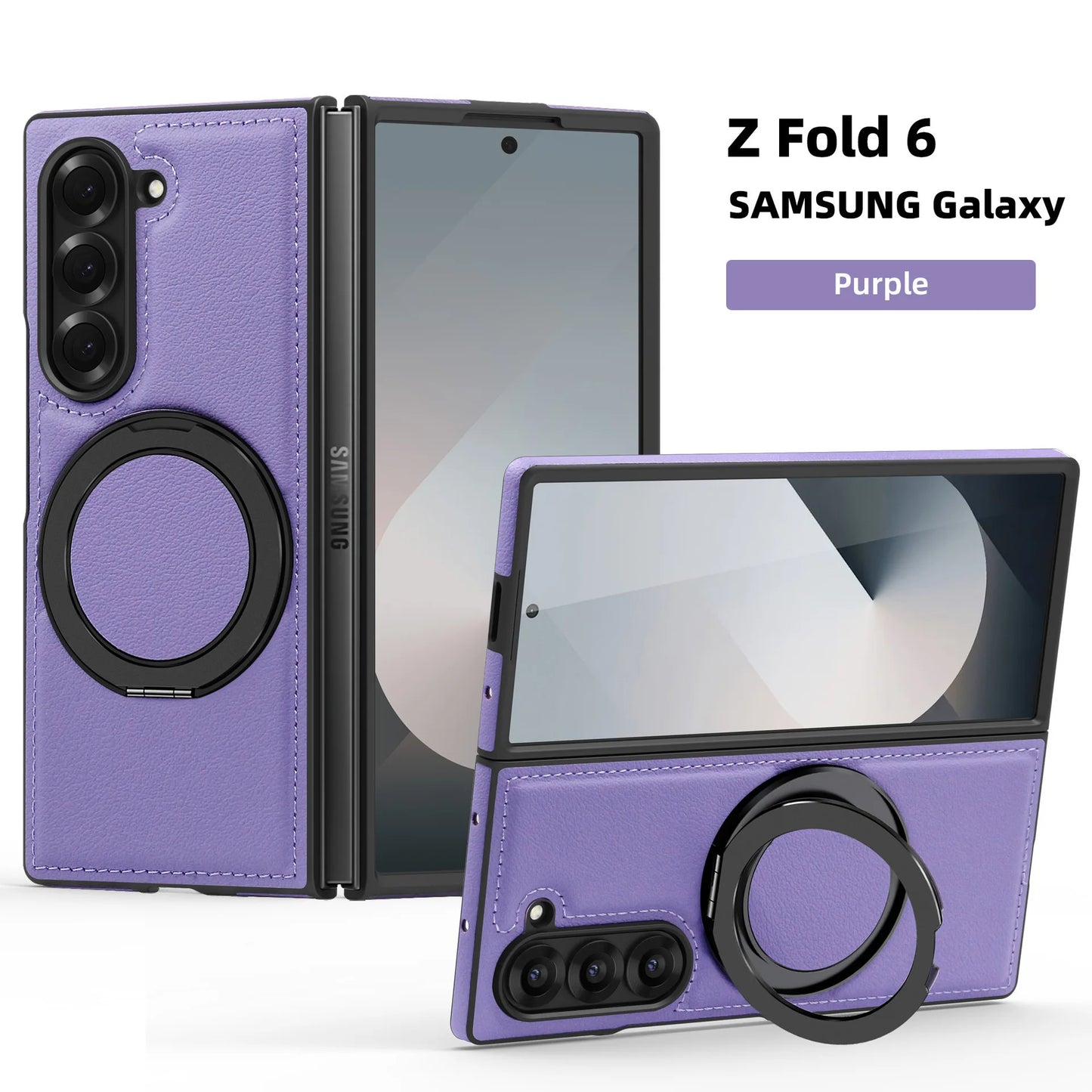 Phone Case for Samsung Galaxy Z Fold 7 Fold6 5 4 3 Strong Magnetic Ring&360 °rotating Bracket Wireless Charging Pu Leather Cover