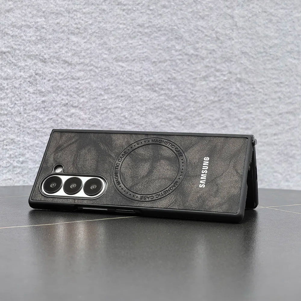 Magnetic Sheepskin Leather Case For Samsung Galaxy Z Fold 3 4 5 6 7 For Magsafe Wireless Charging Hard PC Protective Cover