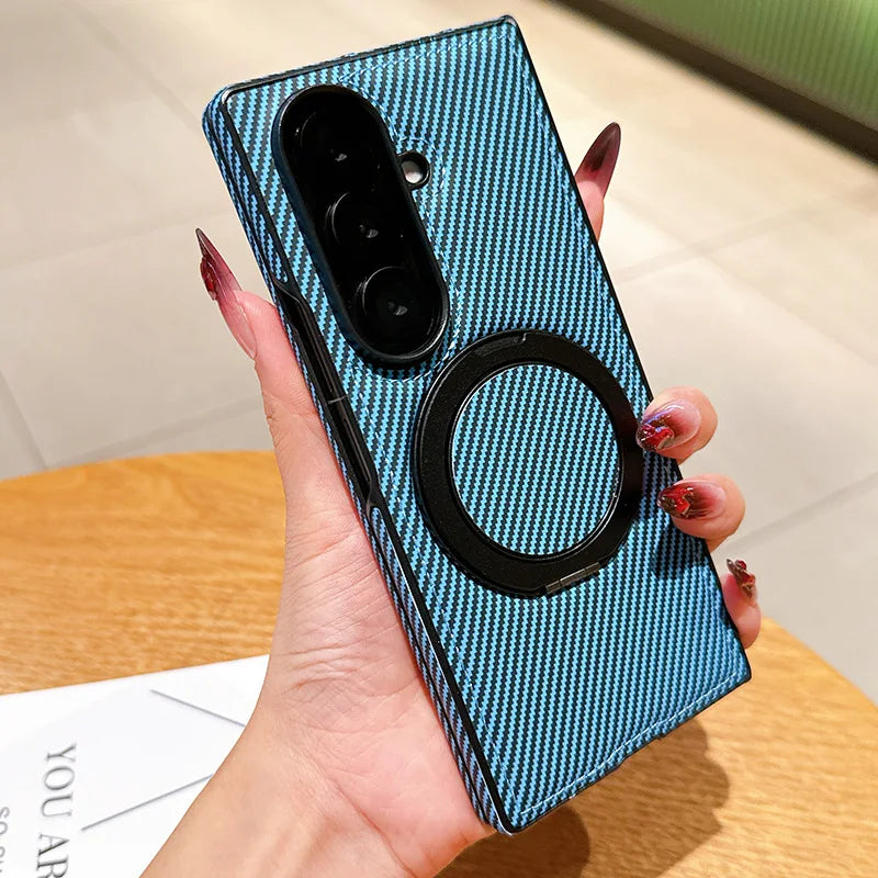 Auto Leather Phone Case for Samsung Galaxy Z Fold 7 Fold6 5 4 3 Magnetic Rotating Alloy Bracket Ring Carbon Fiber Pattern Cover