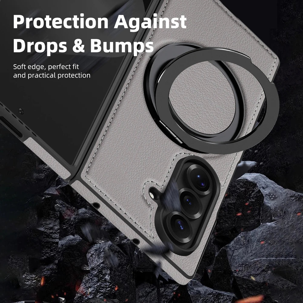 Ring Stand Magsafe Leather Case For Samsung Galaxy Z Fold 7 6 5 4 3 Z Fold7 Phone Case Magnetic Phone Cover Wireless Charging