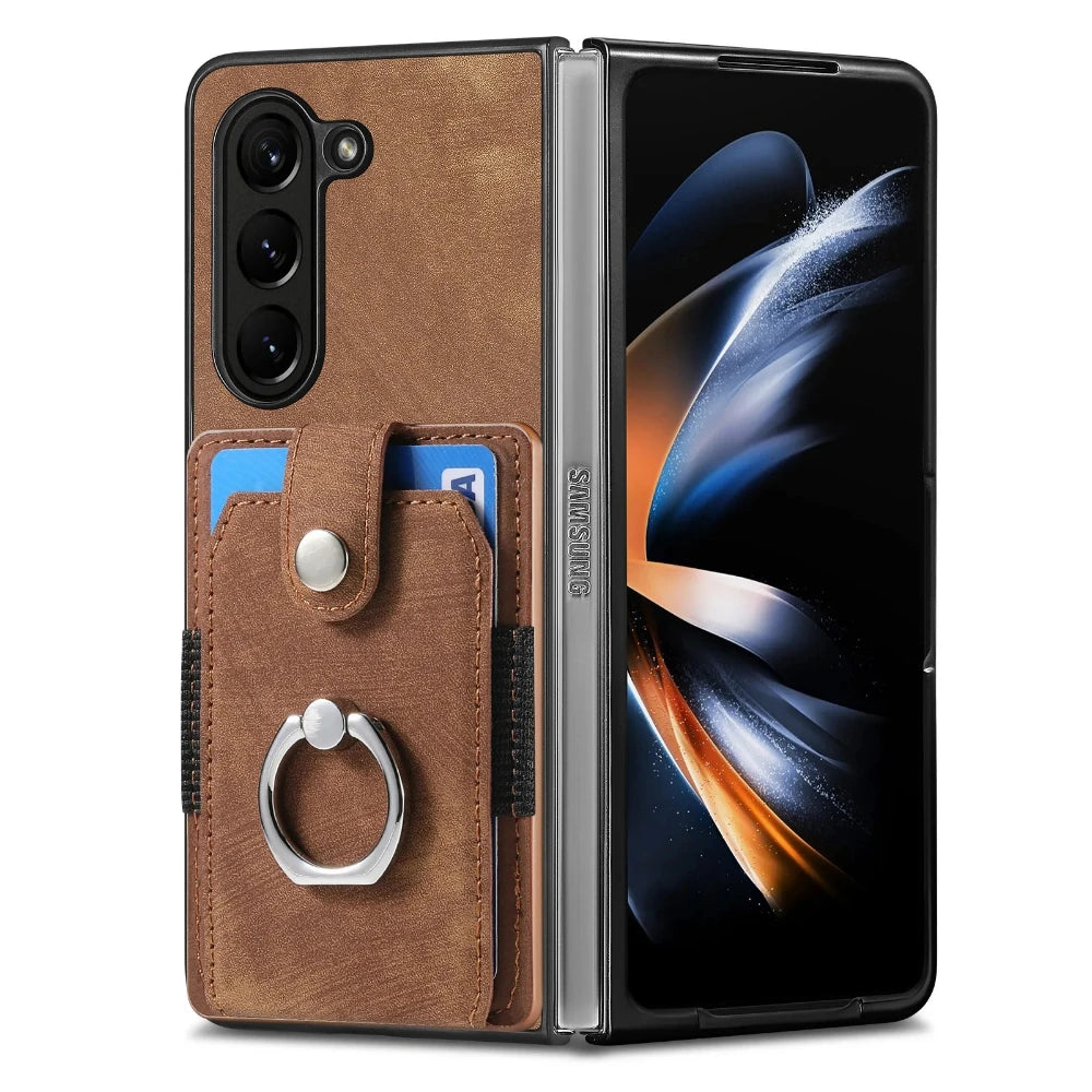 Z Fold 7 Retro Pu Leather Phone Case for Samsung Galaxy Z Fold 6 5 4 3 Magnetic Hardware Ring&buckle Card Slot Bag Bracket Cover