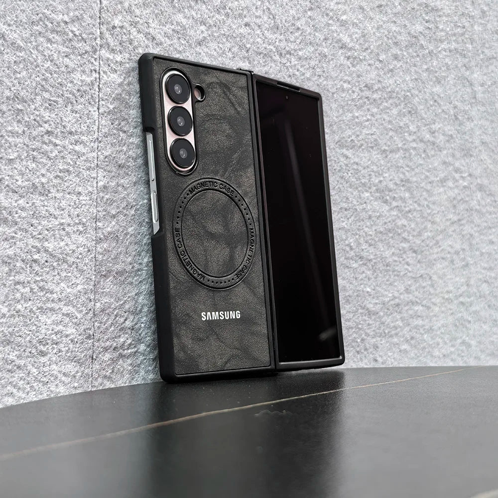 Magnetic Sheepskin Leather Case For Samsung Galaxy Z Fold 3 4 5 6 7 For Magsafe Wireless Charging Hard PC Protective Cover