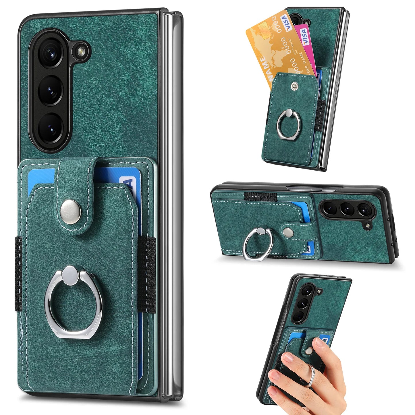 Z Fold 7 Retro Pu Leather Phone Case for Samsung Galaxy Z Fold 6 5 4 3 Magnetic Hardware Ring&buckle Card Slot Bag Bracket Cover