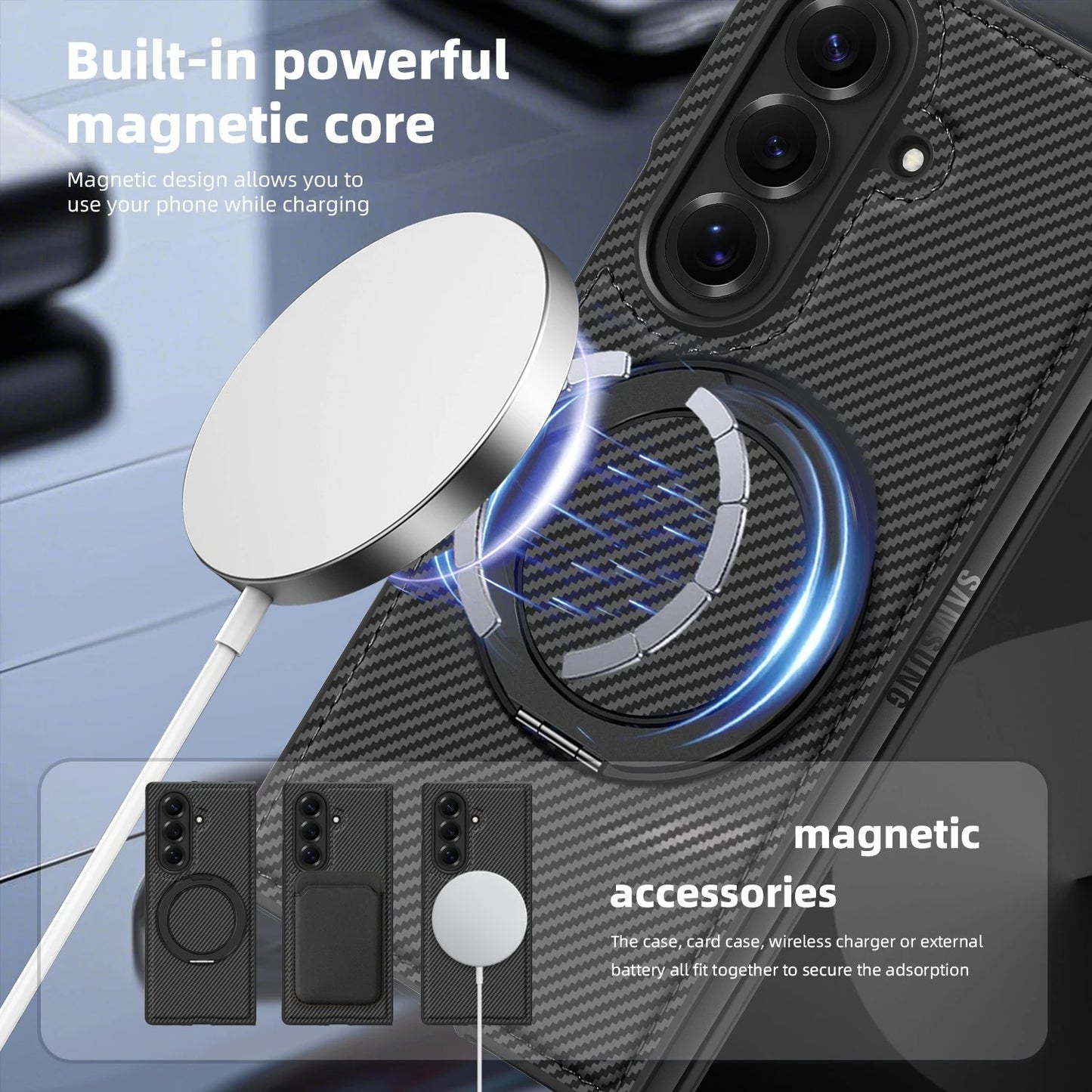 Auto Leather Phone Case for Samsung Galaxy Z Fold 7 Fold6 5 4 3 Magnetic Rotating Alloy Bracket Ring Carbon Fiber Pattern Cover