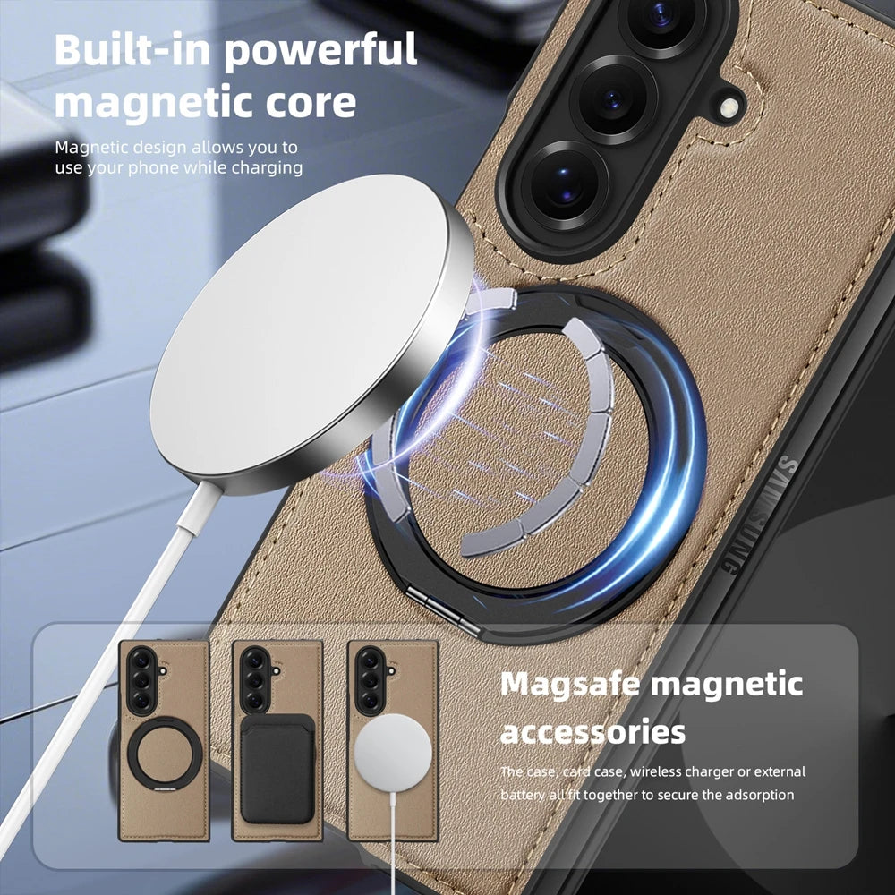 Ring Stand Magsafe Leather Case For Samsung Galaxy Z Fold 7 6 5 4 3 Z Fold7 Phone Case Magnetic Phone Cover Wireless Charging