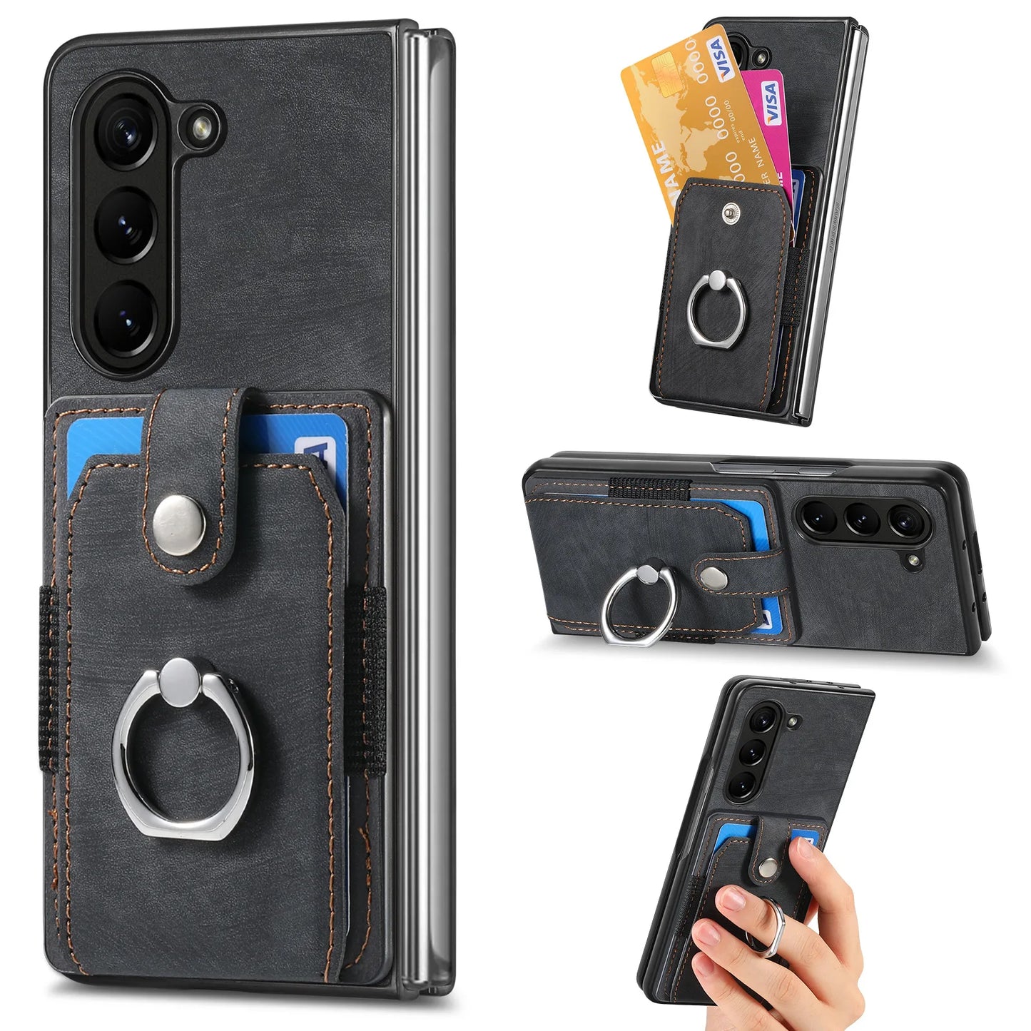Z Fold 7 Retro Pu Leather Phone Case for Samsung Galaxy Z Fold 6 5 4 3 Magnetic Hardware Ring&buckle Card Slot Bag Bracket Cover