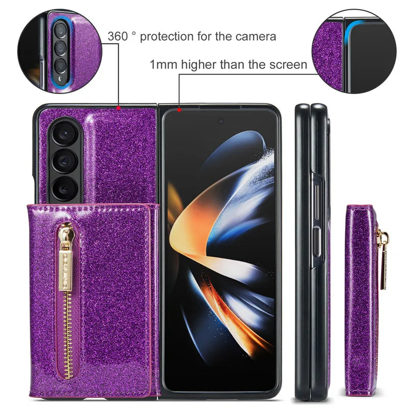 Glitter Magnetic Leather Zip Wallet Phone Case For Samsung Galaxy Z Fold 5 4 3