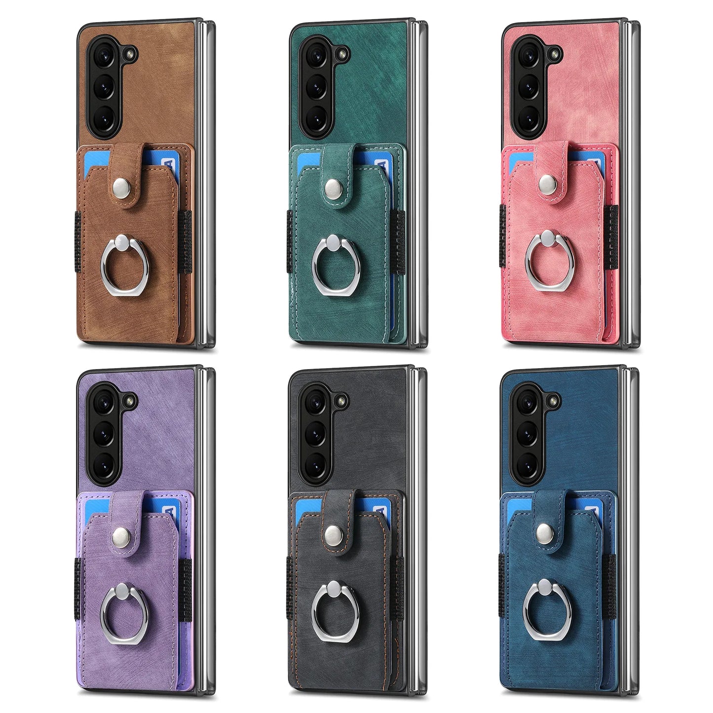 Z Fold 7 Retro Pu Leather Phone Case for Samsung Galaxy Z Fold 6 5 4 3 Magnetic Hardware Ring&buckle Card Slot Bag Bracket Cover