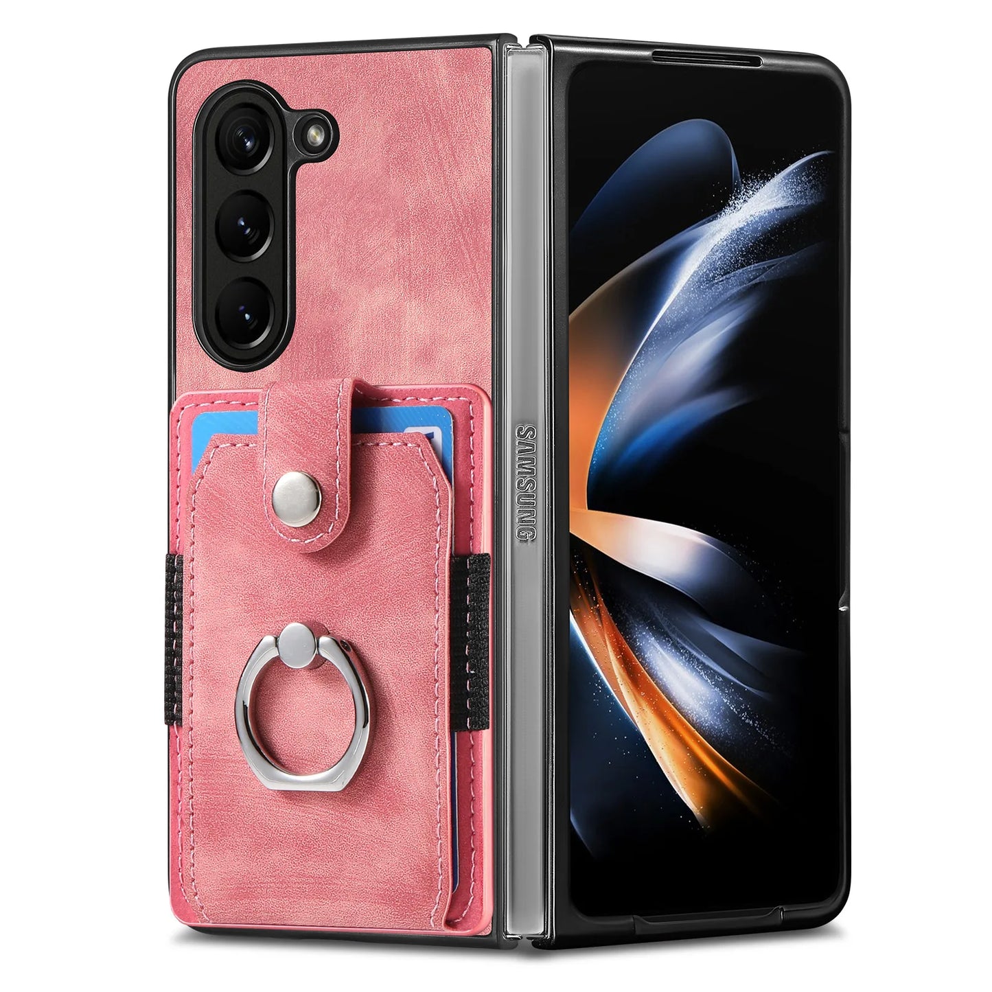 Z Fold 7 Retro Pu Leather Phone Case for Samsung Galaxy Z Fold 6 5 4 3 Magnetic Hardware Ring&buckle Card Slot Bag Bracket Cover