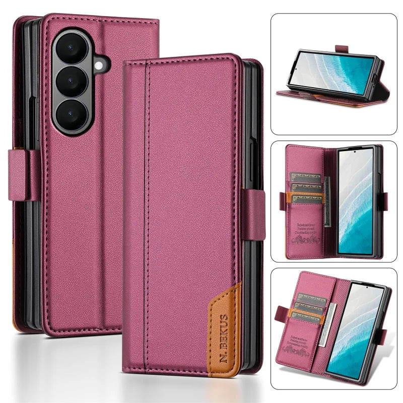 Luxury Magnetic Anti-theft Brush Leather Wallet Card Slot Phone Case for Samsung Galaxy Z Fold 7 6 5 4 3 Purse Holder Cover Etui