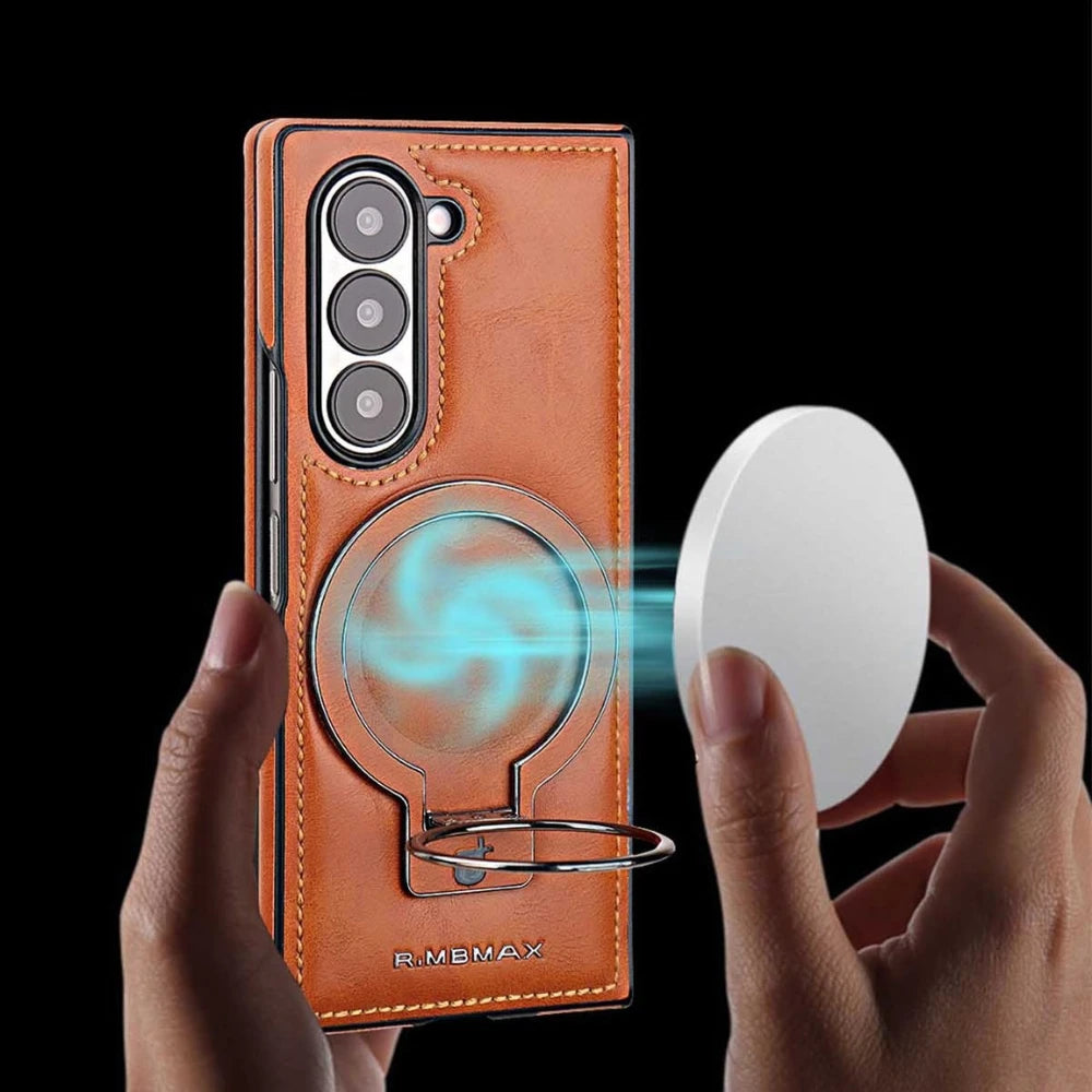 Electroplated Leather  Phone Case for Samsung Galaxy Z Fold 7 ZFold 6 5 4 3 Bracket Magnetic Wireless Charging Protective Cover