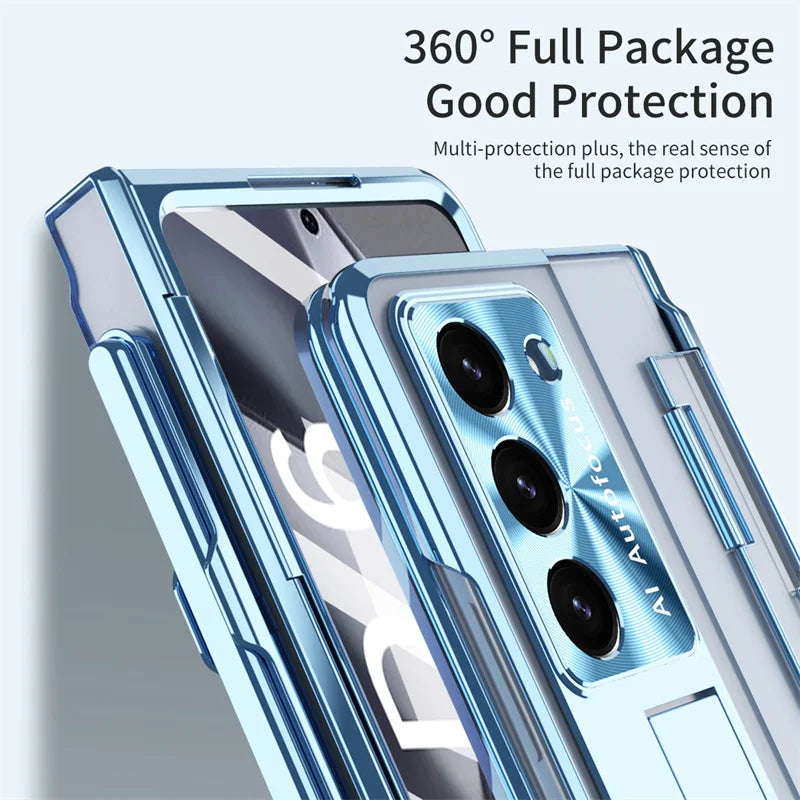 For Samsung Z Fold 5 6 Folding Armor Phantom Stand Phone Case or Samsung Z Fold 3 4 Pen Slot with Tempered Film Protective Cover