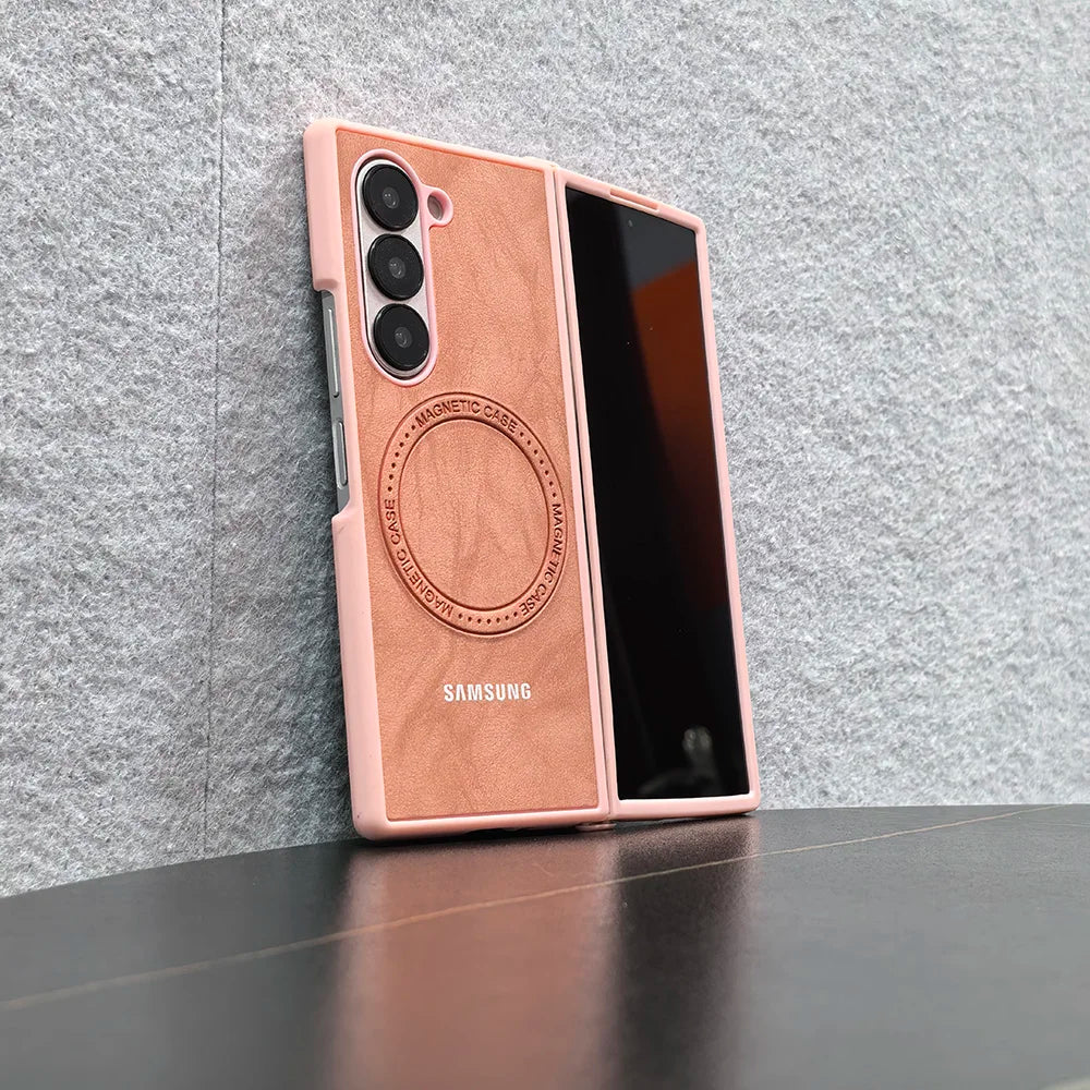 Magnetic Sheepskin Leather Case For Samsung Galaxy Z Fold 3 4 5 6 7 For Magsafe Wireless Charging Hard PC Protective Cover