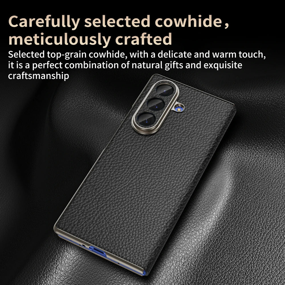 Genuine Cowhide Leather Phone Case for Samsung Galaxy Z Fold 7 Fold6 5 W24 W25 Fine Hole Lens Bumper Magnetic Suction Edge Cover