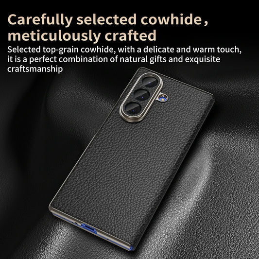 Genuine Cowhide Leather Phone Case for Samsung Galaxy Z Fold 7 Fold6 5 W24 W25 Fine Hole Lens Bumper Magnetic Suction Edge Cover