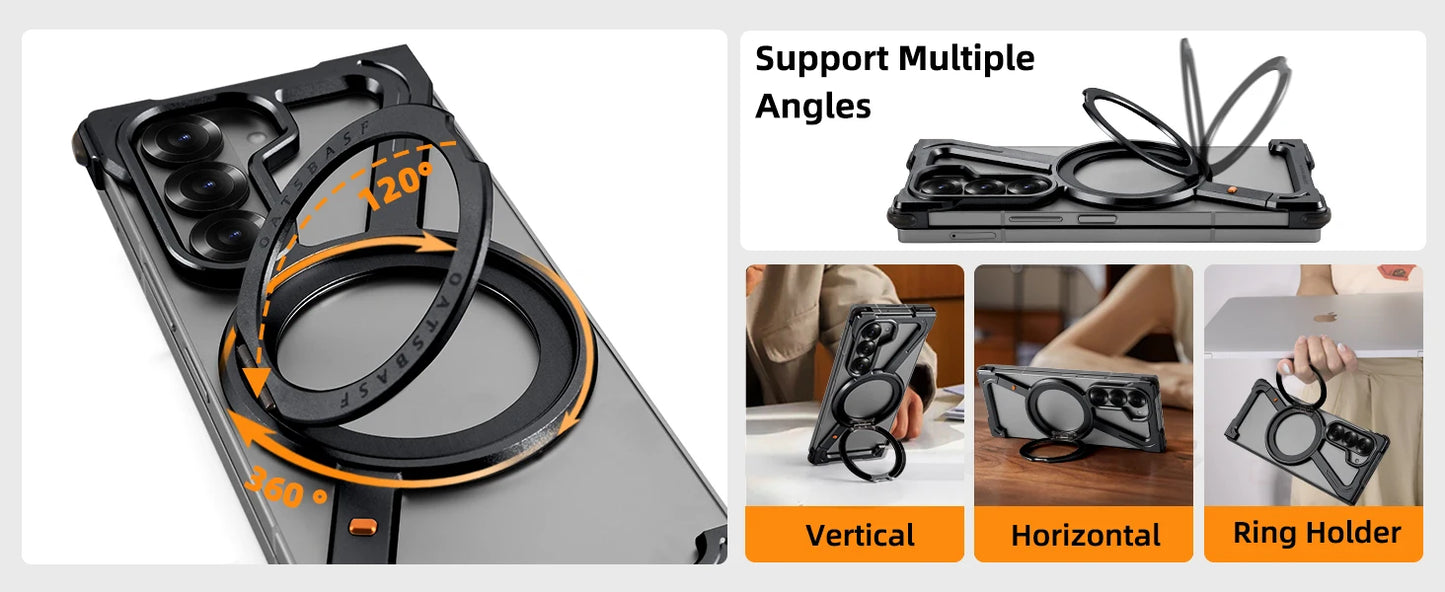 Oatsbasf Magnetic Phone Case for Samsung Galaxy Z Fold 6 5 Metal Slim Phone Protective Cover Shell with 360° Rotatable Stand