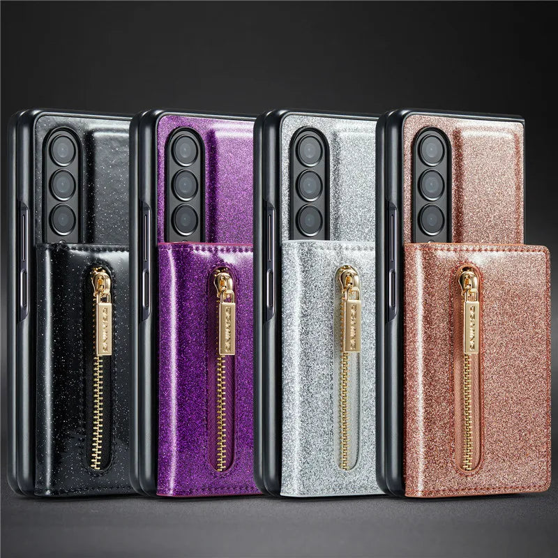 Glitter Magnetic Leather Zip Wallet Phone Case For Samsung Galaxy Z Fold 5 4 3
